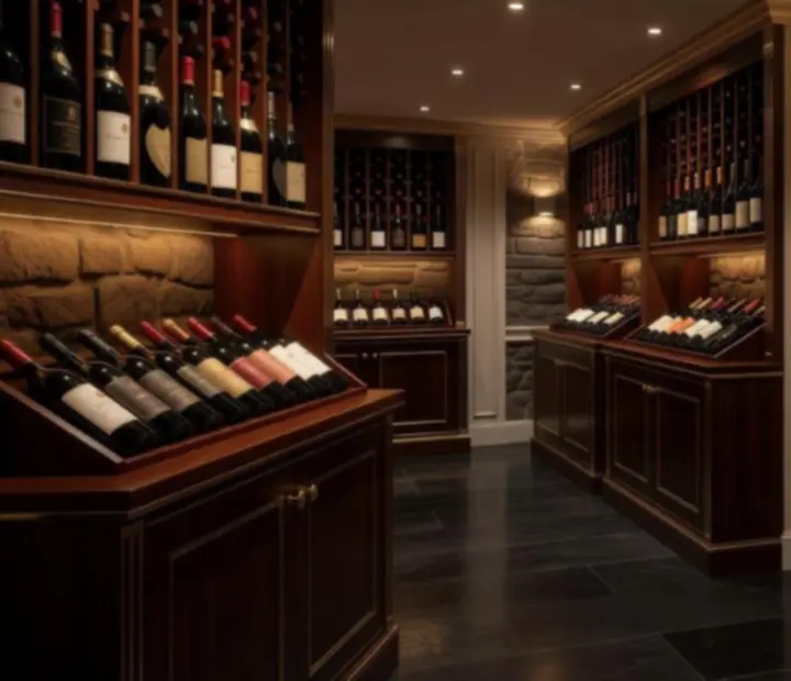 Cave à vins chic avec lumière tamisée et rangées de bouteilles
