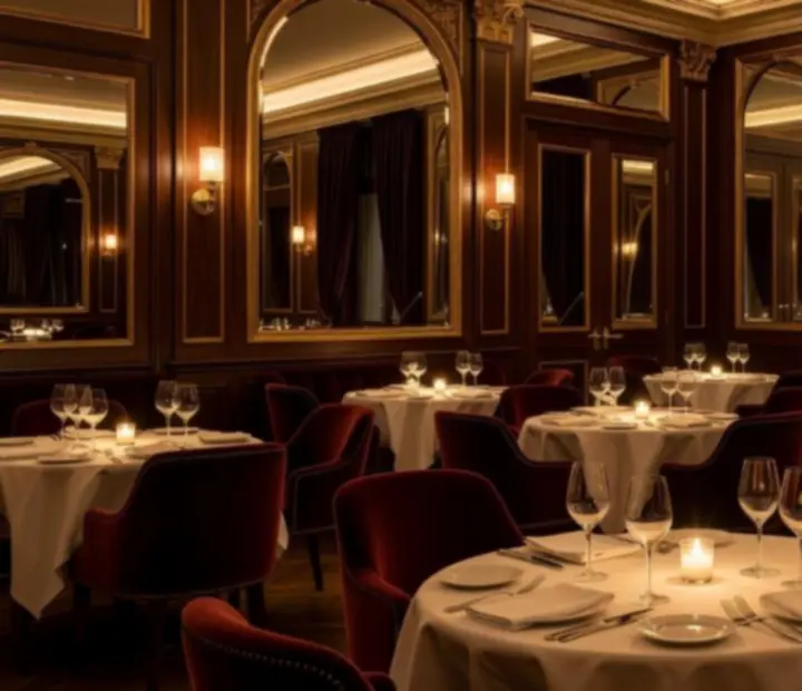 Salle de restaurant haut de gamme avec lumière tamisée, tables dressées et détails raffinés.