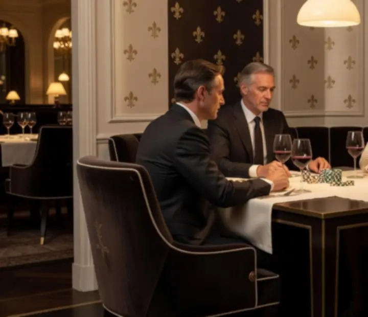 Ambiance privée avec convives élégants autour d’une table de poker