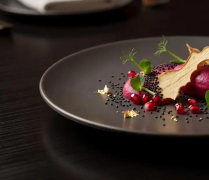 Assiette gastronomique cinématique aux jeux de textures et de couleurs