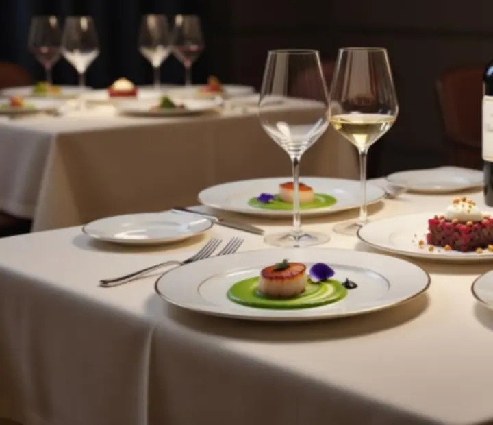 Table de dégustation gastronomique dressée avec raffinement