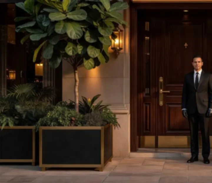 Entrée VIP feutrée du restaurant avec lumière tamisée et accueil personnalisé.
