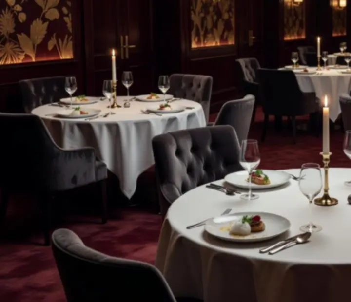 Salle d'événements raffinée avec lumière tamisée et tables élégantes