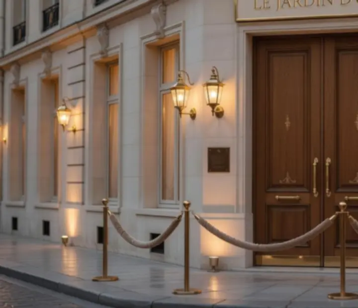 Entrée élégante d'un restaurant gastronomique avec lumière tamisée