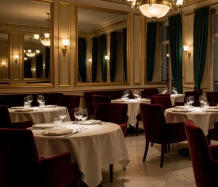 Vue cinématique d'un restaurant chic à Paris mêlant tables gastronomiques et espace poker feutré.