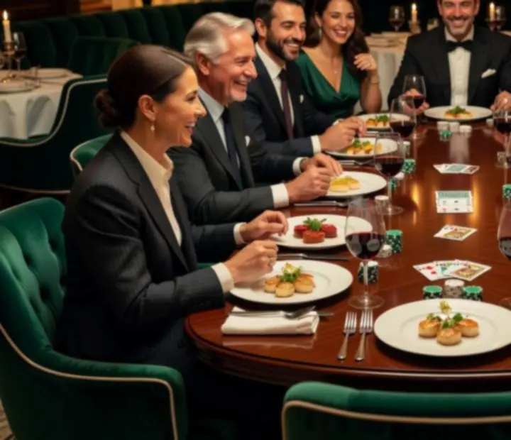 Moment de poker et gastronomie avec assiettes raffinées et cartes sur la table