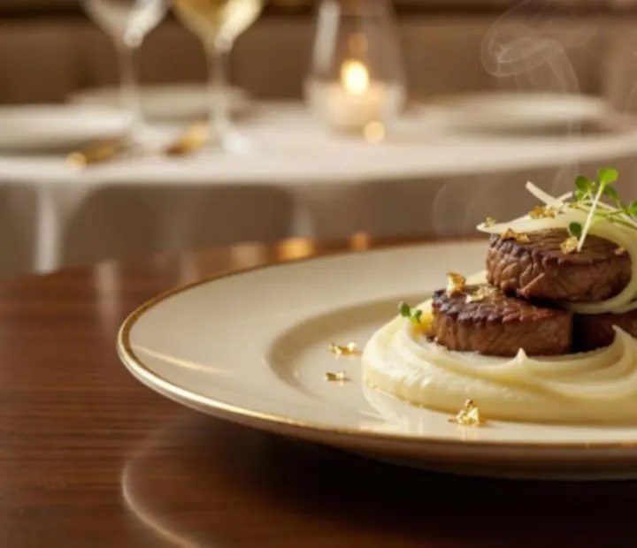Assiettes gastronomiques contemporaines présentées dans une lumière cinématique.