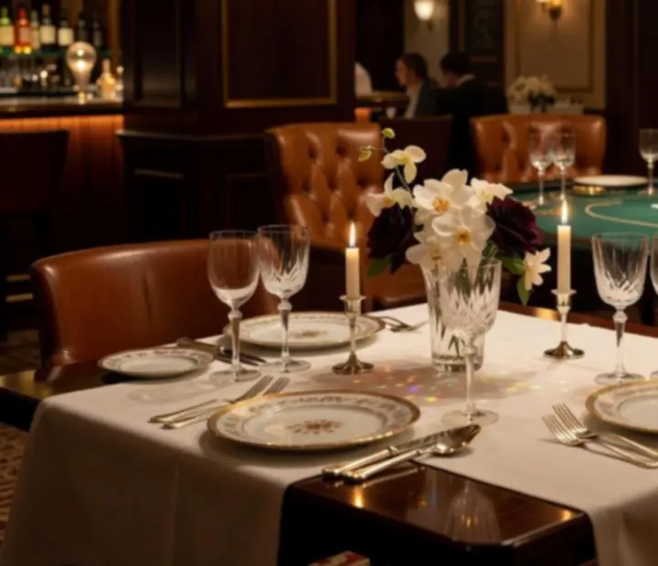 Table dressée dans un restaurant gastronomique parisien avec lumière tamisée