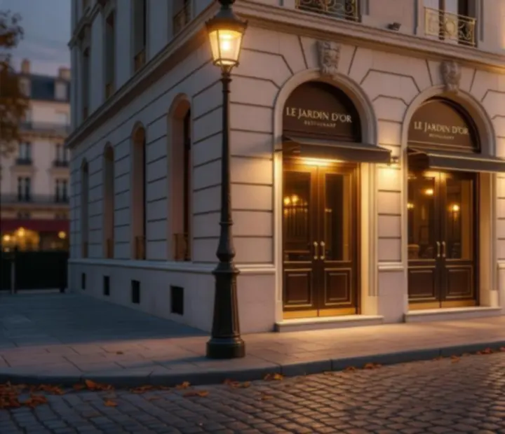 Façade du restaurant Lieu Connect au crépuscule, entrée élégante avec lumière tamisée