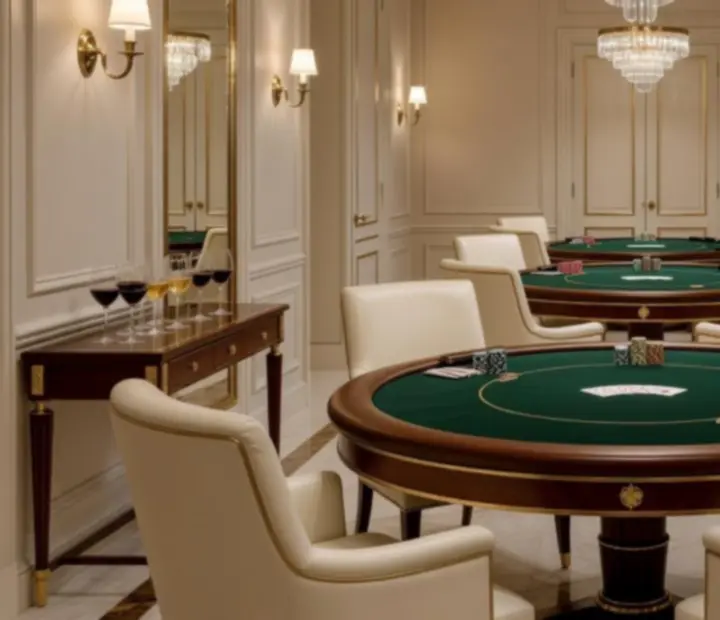 Salle de poker élégante avec tables dressées et éclairage feutré