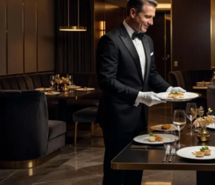 Service VIP avec sommelier et maître d’hôtel dans un restaurant élégant.
