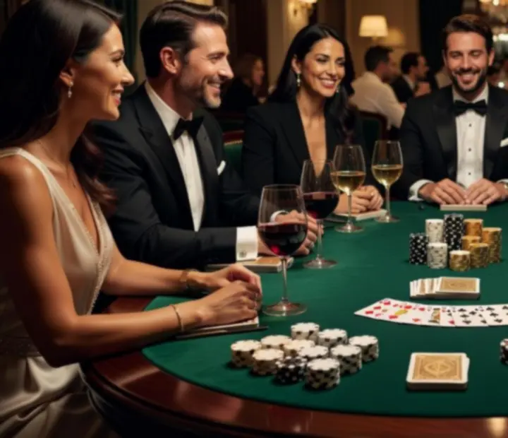Table de poker élégante entourée de convives dans un restaurant chic à la lumière tamisée.