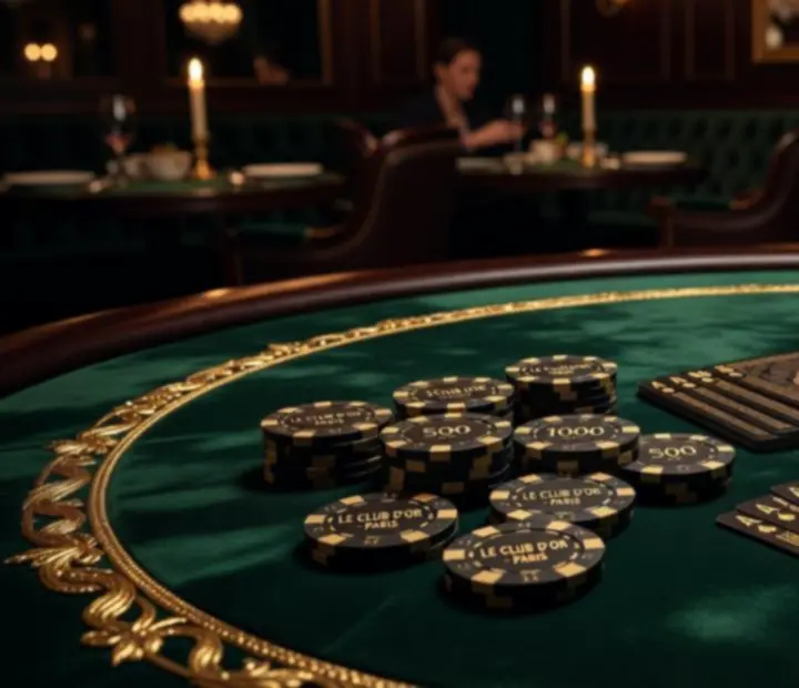 Table de poker de luxe avec jetons, cartes et verres de vin